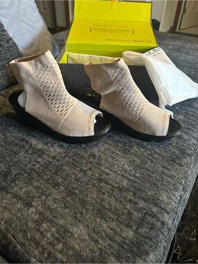 bernie mev. Knit Peep-Toe Wedge Sandals in Beige with Black Sole
